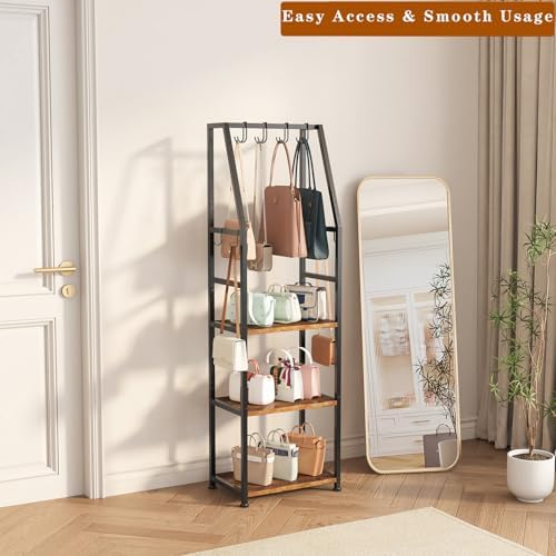 Tall Narrow Purse Organizer for Closet, 3-Tier Floor Standing Handbag Storage Rack with 8 Adjustable Hooks, Space-Saving Purse Display Stand for Small Space Bedroom Entryway (Rustic Brown) - Image 2