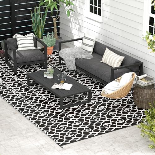 Outsunny Outdoor Rug for Patio Waterproof, 9' x 18', Black & White Clover - Image 2