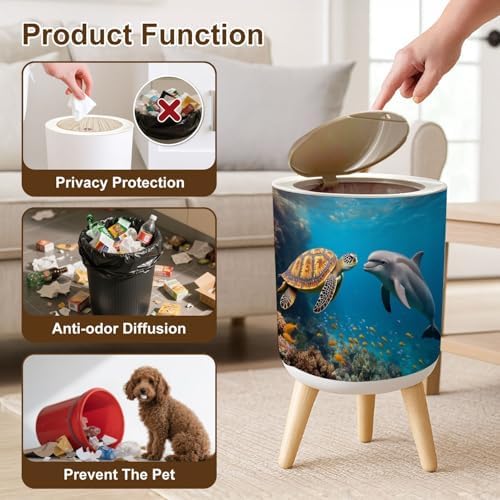 Trash Can with Lid Dolphin Turtle Underwater Reef Small Garbage Can with Legs Waste Bin Press Cover Wastebasket for Kitchen Bathroom Living Room 7L/1.8 Gallon - Image 6