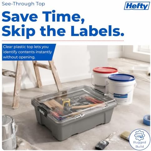 Hefty 12 Gallon Storage Bin with Clear Lid, Heavy Duty Plastic Storage Container Stackable Tote for Garage Closet Home Organization, Medium Storage Bin, 6 Pack, Grey - Image 4