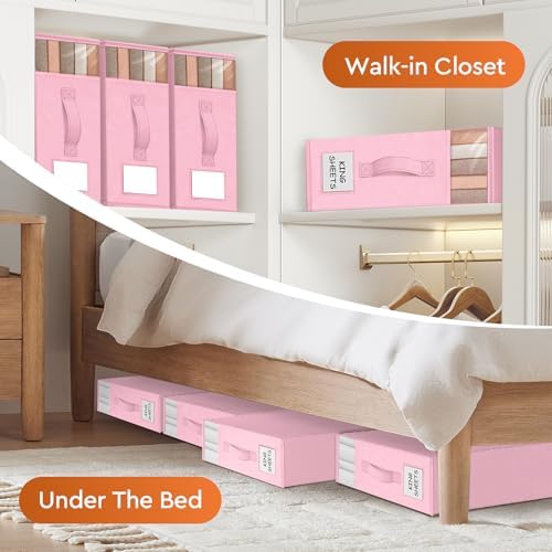 StorageTastic 8 Pack Bed Sheet Closet Organizers and Storage,Sturdy Foldable Storage Containers with Window and Label,Storage and Organization for Bedding Sheets,Duvet Covers,Blankets (Pink) - Image 6