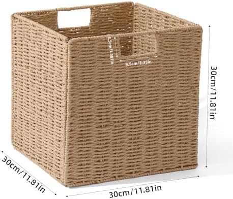 12x12x12in Wicker Storage Baskets for Shelves, Set of 2 Hand-Woven Paper Rope Wicker Basket,Foldable Cube Storage Bins, Natural Color Storage Cubes, Square Baskets for Organizing Decor - Image 2
