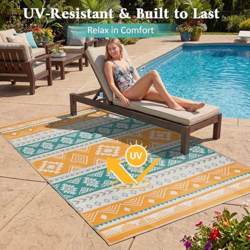 famibay Outdoor Rug Reversible Portable Plastic Straw Camping Rugs, Large Waterproof Outdoor Area Rugs for Patio, RV, Backyard, Deck, Balcony, Picnic, Beach 8x10 Yellow - Image 4