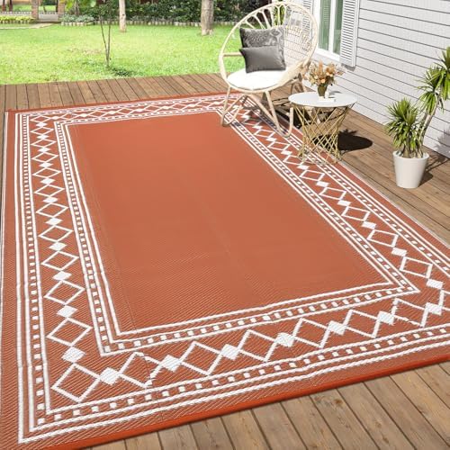 GlowSol 9x18 Outdoor Rug Waterproof Reversible Patio Mat, Heavy Duty Plastic Straw Rug for RV Camping Deck Backyard Beach, Foldable Indoor Outdoor Carpet Stain Resistant Outside Rugs, Orange/White - Image 2