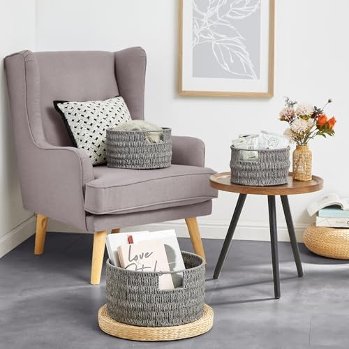 Vagusicc Wicker Storage Basket, Hand-Woven Paper Rope Large Round Woven Basket With Handles, Wicker Baskets for Organizing/Storage, Grey, 3-Pack - Image 6