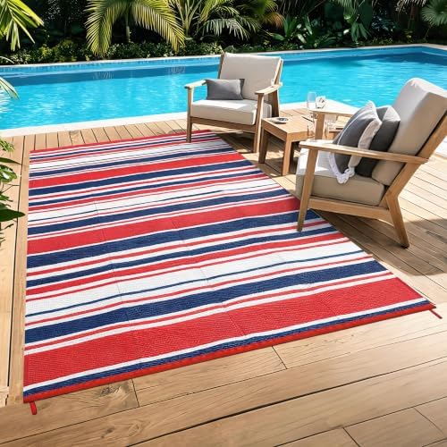 Garvee Waterproof Outdoor Rug 8x10, Plastic Straw Patio Camping Rug, Indoor Outdoor RV Mat Carpet for Deck, Camper, Porch, Balcony, Backyard, Picnic (Red/Dark Blue) by Garvee