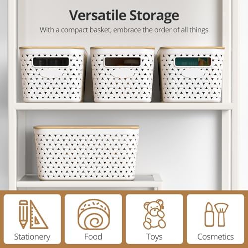 Plastic Storage Bins with Bamboo Lids, Stackable Small Box Baskets for Organizing and Containers for Shelves Drawers Desktop Closet Pantry Classroom Office Home, 4 Pack 12x7.3x6.2 Inch, White - Image 5