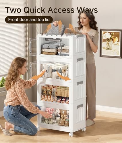 Hanyi 140 QT Stackable Storage Bins with Lids, 4 Tier Collapsible Plastic Storage Cabinet with Magnetic Doors, Removable Top Lid, Locking Wheels, Closet Organizer for Bedroom, Pantry, Office - Image 6