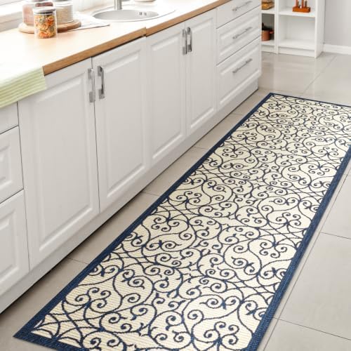 Eyely Filigree Weave Runner Rug 2X10 Navy/Beige, Indoor Outdoor Rug by eyely