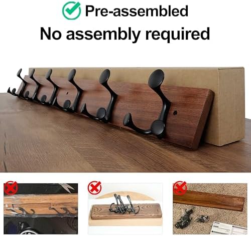 WEBI Coat Rack Wall Mount,36" Solid Wood Coat Hooks Wall Mounted Coat Hanger,16" Hole to Hole,Heavy Duty 6 Triple Hooks for Hanging Coats,Jacket,Hat,Backpack,Farmhouse,Reddish Brown - Image 6