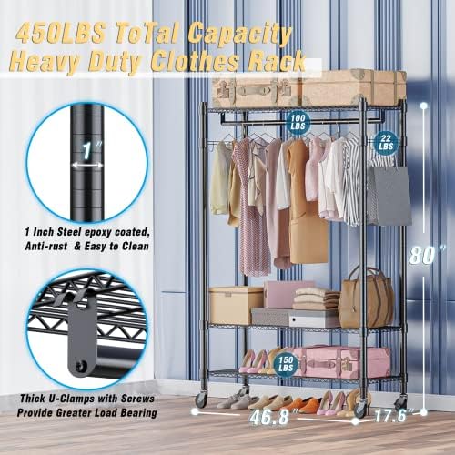 Homdox Rolling Garment Rack with Double Rod, Heavy Duty Clothing Rack with Shelves, Portable Clothes Rack, Free Standing Wardrobe Rack, with Lockable Wheels & Hanging Hooks, Max Load 450 LBS, Black - Image 5