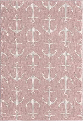 Unique Loom Outdoor Coastal Collection Area Rug - Ahoy (4' 1" x 6' 1" Rectangle, Pink/ Ivory) - Image 3