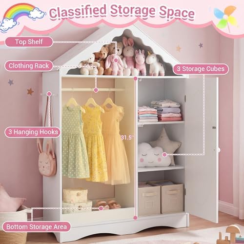 Costzon Kids Dress Up Storage with Mirror, Roofed Wardrobe Closet with Open Hanging Rack, Shelves & Hooks for Children, Kids Armoire & Costume Organizer for Bedroom (White) - Image 2