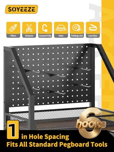 SOYEEZE Fishing Rod Holders for Garage, Fishing Pole Holders Up to 12 Rods with Pegboard and Hooks,Rolling Fishing Cart with Wheels, Fishing Gear Storage For Tackle Box & Reel Organization- 10 Hooks - Image 3