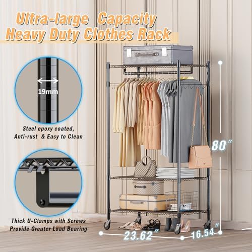 Homdox Heavy Duty Clothing Rack with 3 Tier Adjustable Wire Shelves, Garment Racks for Hanging Clothes, Double Rods Clothing Rack, Freestanding Closet Wardrobe with Side Hooks, Black - Image 3