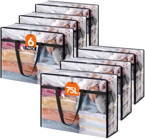 Lifewit 6 Pack Clear Clothes Storage Bags, 75L Plastic Blanket Storage Bag, Vinyl Foldable Moving Bags with Zipper, Closet Organizers and Storage Containers for Bedding, Duvet, Comforter by Lifewit