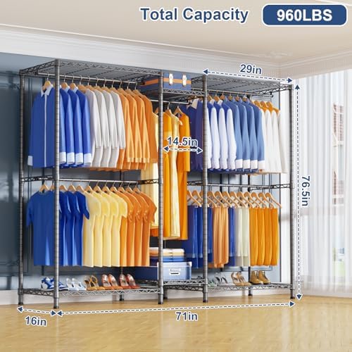 Ulif E12 Pro Clothes Rack，Heavy Duty Freestanding Garment Rack with Shelves，Metal Clothing Closet Storage System for Hanging Clothes，71" W x 16" D x 76.5" H, Hold 960 lbs，Grey - Image 2