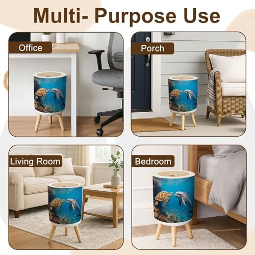 Trash Can with Lid Dolphin Turtle Underwater Reef Small Garbage Can with Legs Waste Bin Press Cover Wastebasket for Kitchen Bathroom Living Room 7L/1.8 Gallon - Image 5