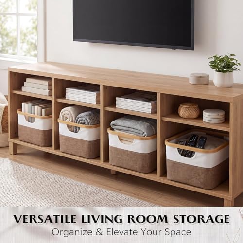 Hushee 4 Pack Bamboo Fabric Storage Bins for Shelves, 15"x10"x7.9" Collapsible Storage Baskets for Organizing, Two-Tone Foldable Bins for Clothes, Towels, Linens(White with Brown) - Image 6
