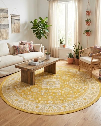 Rugs.com - Outdoor Aztec Rug – 10 Ft Round Yellow Washable Indoor/Outdoor Rug – Flatweave Tribal Design for Patios, Decks, and Porches - Image 4