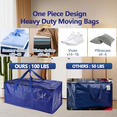 12 Pack Waterproof Moving Storage Bags, 100 lbs Extra Large Heavy Duty Totes with Reinforced Handles & Strong Zippers, Reusable Moving Box Alternative for Packing Moving Household Storage, 95L, Blue - Image 4