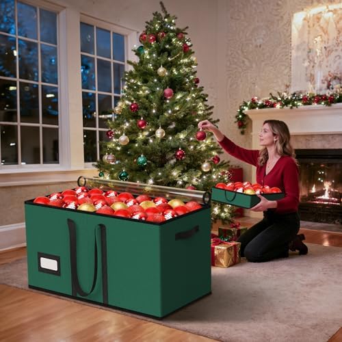 Christmas Ornament Storage Box Store 128-3" Ornaments, Ornament Organizer Storage box with Dual Zipper Closure Visual Cover & Adjustable Dividers, Holiday Decorations Storage Container with 8 Trays - Image 2