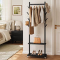 Yoobure Solid Wood Coat Rack Freestanding - Rolling Clothes Rack with 8 Hooks & Shelves, Small Clothing Rack with Wheels, Heavy Duty Clothing Racks for Hanging Clothes, Portable Hall Tree for Entryway by Yoobure
