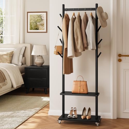 Yoobure Solid Wood Coat Rack Freestanding - Rolling Clothes Rack with 8 Hooks & Shelves, Small Clothing Rack with Wheels, Heavy Duty Clothing Racks for Hanging Clothes, Portable Hall Tree for Entryway by Yoobure