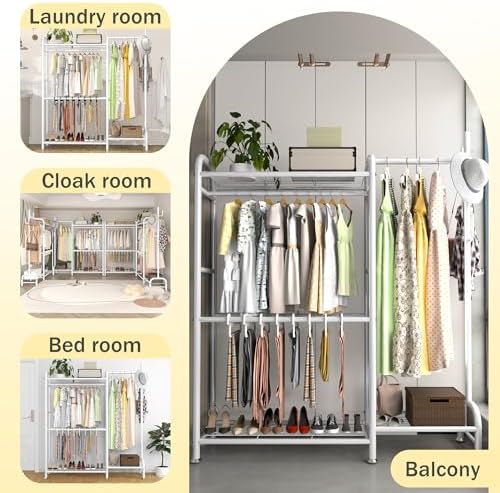 GAIOUS White Portable Closet Rack Wardrobe Clothes, Metal Garment Rack with Shelves for Hanging Clothes Rods，Freestanding Closet Wardrobe Organizer for Cloakroom, Bedroom - Image 7