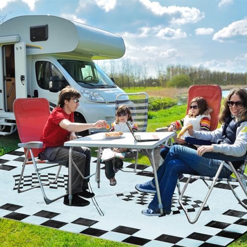EEZ RV Products 9'x18'cf Heavy Duty Reversible/Durable Outdoor RVing/Boondocking Mats (9ft x18ft Black & White Checker Flag) Come with Large Storage Bag & 6 Sets of Stakes and Washer - Image 5