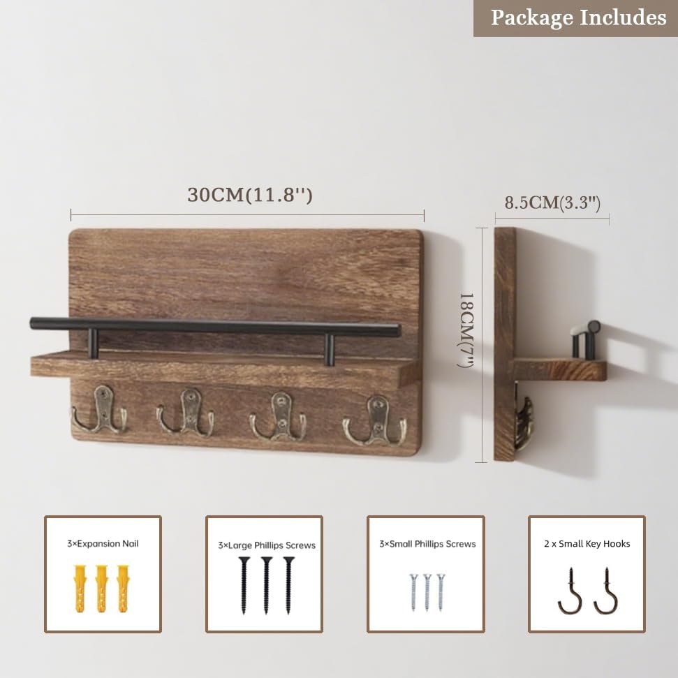 Key Holder for Wall, Wooden Key Hooks Wall Mount Mail Organizer Hanger Rustic Wooden Mail Rack Organizer with Hooks for Home Mudroom Office Entryway Hallway - Image 3
