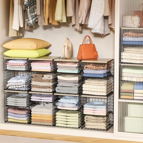 6-Tier Stackable Closet Organizers and Storage Basket, Set of 3 Closet Shelf Organizer with Adjustable Divider & Wood Top Board, Clothes Storage Bins for Wardrobe Organizer System, Space-Saving, Black - Image 2