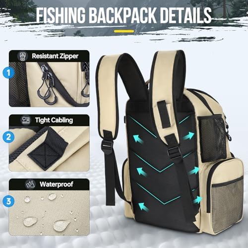 PLUSINNO Cooler Fishing Backpack with Rod Holders 45L Large Water-resistant Fishing Tackle bag Store Fishing Gear Fishing Gifts for Men Father - Image 5