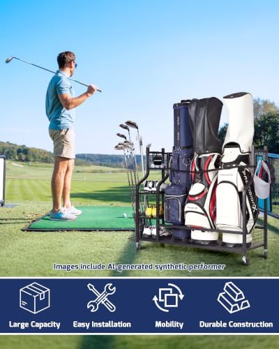 Golf Bag Storage Organizer Rack for Garage, Golf Bag Stand with Rolling Wheels, Heavy-Duty Metal Golf Equipment Organizer for Home, Garage, Clubhouse - Image 7