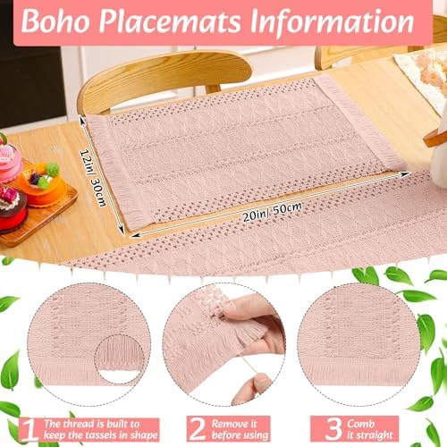 6 Sets Boho Placemat Table Runner Napkin Rings, Pink, 12x72 - Image 4