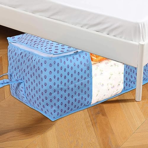 Kuber Industries Foldable Underbed Storage Bag|Organizer For Clothes Large|Non-Woven Comforter, Blanket Cover|Metalic Print & Side Handle|Pack of 9 (Sky Blue) - Image 5