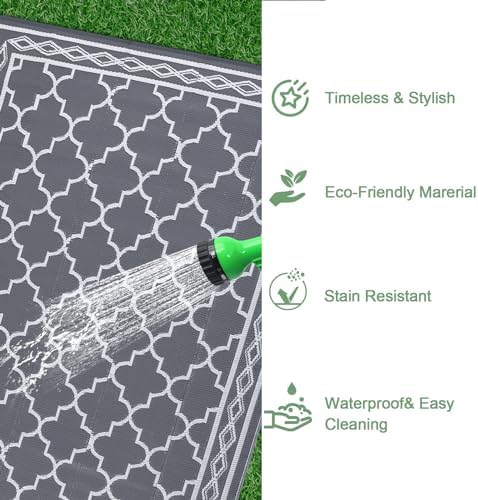 GlowSol Reversible Outdoor Rug 9x12 ft Clearance, Waterproof Outdoor Plastic Straw Rug with Carry Bag, Modern Geometric Patio Rug,RV Mat for Porch,Deck,Backyard,Camping,Balcony,Deck,Backyard,Grey - Image 3