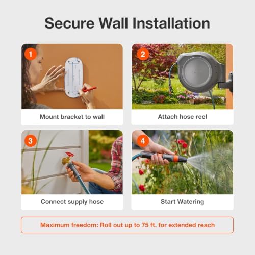 GARDENA Retractable Garden Hose Reel - 75 Feet - Auto Retract Hose Reel with 180° Swivel Wall Mount - Heavy Duty - Includes Spray Nozzle - 20502 - Image 7