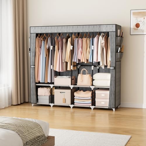 VTRIN Portable Closet for Hanging Clothes 67 Inch Wide Large Capacity Portable Wardrobe Closet with Cover, 4 Storage Shelves and 4 Hanging Rod Sturdy Free Standing Closet for Bedroom, Printing - Image 2