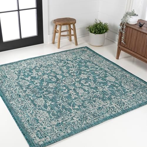 JONATHAN Y Weave Floral Indoor Outdoor Square Area Rug 5X5 Teal/Gray, Tela Bohemian Textured for Backyard, Patio, Porch, Easy-Cleaning, High Traffic, Pet-Friendly, Non-Shedding (SMB100C-5SQ) - Image 3