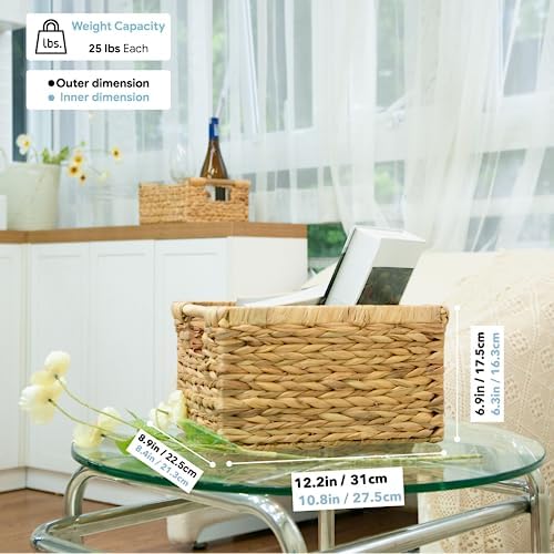 Natural Water Hyacinth storage basket with Handle, Rectangular Organizing Basket for Organizing, Decorative Wicker Storage Bins for Living Room, Medium Wicker Baskets - 3 Pack Medium - Image 4