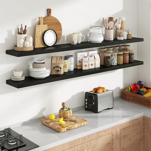 Acovy 72 Inch Floating Shelves, 8 Inch Deep Floating Shelves for Wall, Hanging Shelf with Invisible Brackets, Deep Shelves for Bathroom, Bedroom, Living Room, Black, Set of 2 - Image 4