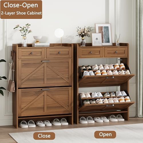 Shoe Cabinet with 2 Flip Drawers & 2 Top Drawers, 43" Tall Freestanding Narrow Wooden Shoe Storage Organizer for Entryway, Hidden Slim Shoe Rack for Front Door Entrance, Hallway, Living Room, Walnut - Image 4