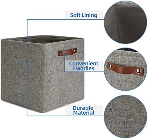 Temary Storage Baskets 13 Inch Fabric Storage Cubes for Shelves Set of 4 Storage Cube Bins for Home, Office, Storage Organizers for Toys with Leather Handles(Grey) - Image 3