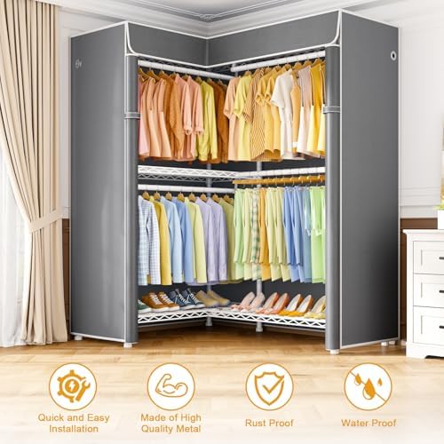 ULIFHOME E15C Garment Rack L Shaped Clothes Rack for Corner，Freestanding Clothing Racks for Hanging Clothes，Heavy Duty Closet Organizer 43.4"W x 15.8"D x 78.4"H，White Rack with Grey Dustproof Cover - Image 4