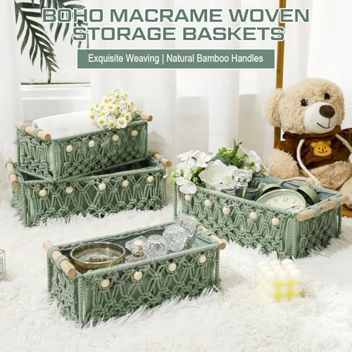 Vesici 4 Pcs Sage Green Macrame Storage Baskets Shelves 13" 11" Wood Handle - Image 5