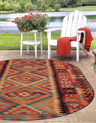 Unique Loom Outdoor Tribal Collection Area Rug - Tortuguero (4' 1" x 6' 1" Oval Multi/Blue) - Image 4
