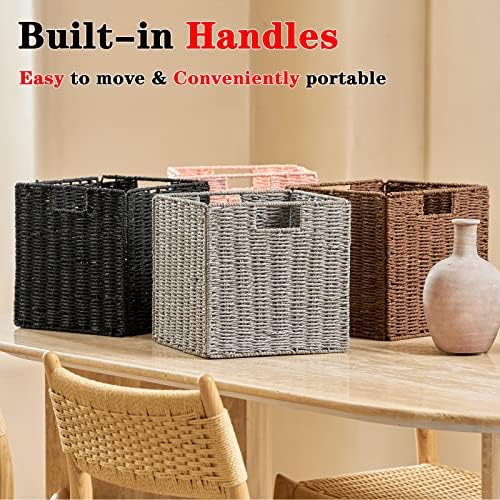 Vagusicc Wicker Basket, Set of 2 Hand-Woven Wicker Storage Basket, Foldable 11 inch Cube Storage Bins, Storage Baskets for Organizing Shelves, Closet Organizers and Storage Bins, Gray (11″×11″×11″) - Image 6