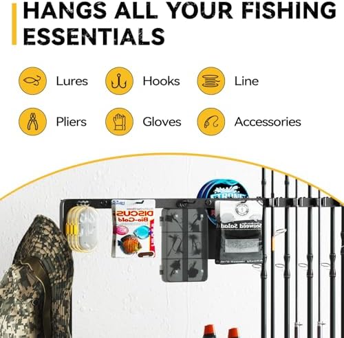 SOYEEZE Fishing Rod Holders for Garage,Fishing Gear Holder for Fishing Rod Tackle Box Storage，Fishing Pole Holders for 12 Rods with Hooks and Pegboard,Fishing Cart with 2 Baskets, Standard Size - Image 4