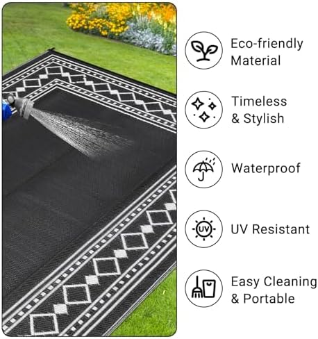GlowSol 9x12 Outdoor Patio Rug Waterproof Reversible Camping Rug, Lightweight RV Mat for Backyard Deck Porch Balcony Garden Beach Picnic, Stain Resistant Outdoor Area Rug for Home Decor, Black/White - Image 4
